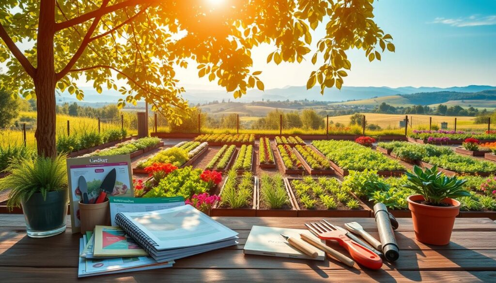 A serene garden planning scene showcasing a variety of gardening tools neatly arranged on a wooden table in the foreground. Include a colorful assortment of garden planners, seed packets, and a vibrant potted plant to emphasize the theme of gardening. In the middle ground, depict a lush garden filled with neatly organized beds of flowers and vegetables, illuminated by soft, warm sunlight filtering through leafy branches overhead. The background should consist of a peaceful landscape with distant hills and a clear blue sky, enhancing the atmosphere of tranquility and inspiration. The composition should evoke a sense of creativity and calmness, perfect for anyone interested in planning their garden or vegetable patch.