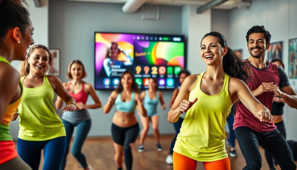 A vibrant and dynamic Zumba fitness scene featuring a diverse group of individuals engaged in a high-energy dance workout. In the foreground, showcase three participants—two women and one man—wearing bright, comfortable athletic wear, displaying enthusiastic expressions as they follow an instructor. The middle ground should include a large screen displaying a colorful digital interface showcasing innovative fitness features like tracking progress and virtual community engagement. The background is filled with a modern studio environment, with bright lighting enhancing the lively atmosphere, and motivational posters on the walls. Capture the excitement of a Zumba class with a wide-angle perspective, emphasizing movement and energy, while ensuring all subjects appear focused and engaged in their fitness journey. A vibrant and dynamic Zumba fitness scene featuring a diverse group of individuals engaged in a high-energy dance workout. In the foreground, showcase three participants—two women and one man—wearing bright, comfortable athletic wear, displaying enthusiastic expressions as they follow an instructor. The middle ground should include a large screen displaying a colorful digital interface showcasing innovative fitness features like tracking progress and virtual community engagement. The background is filled with a modern studio environment, with bright lighting enhancing the lively atmosphere, and motivational posters on the walls. Capture the excitement of a Zumba class with a wide-angle perspective, emphasizing movement and energy, while ensuring all subjects appear focused and engaged in their fitness journey.
