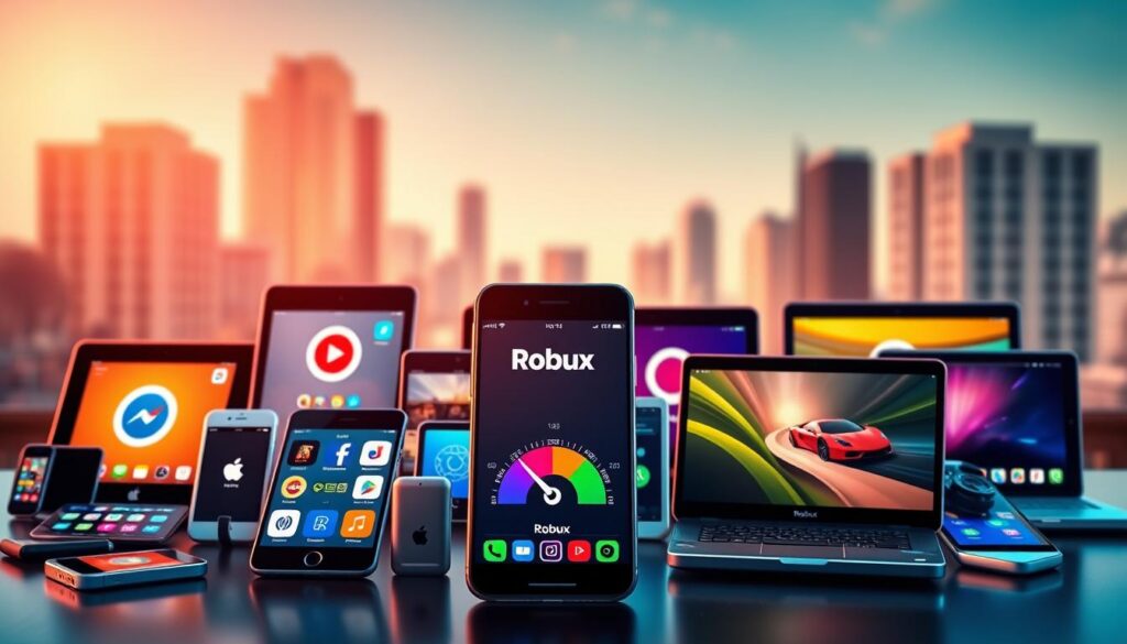 A vibrant and dynamic scene showcasing a variety of mobile devices, each with a distinct Robux reward system prominently displayed. The foreground features a central smartphone with a visually striking Robux meter, surrounded by a variety of application icons and logos. The middle ground showcases a range of tablets, laptops, and other mobile gadgets, each highlighting their unique Robux earning capabilities through sleek, modern interfaces. The background is a soft, blurred cityscape, suggesting the ubiquity of these Robux-generating applications in the digital landscape. Warm, inviting lighting creates a sense of engagement and excitement, encouraging the viewer to explore the possibilities of maximizing their Robux rewards across multiple platforms and devices. A vibrant and dynamic scene showcasing a variety of mobile devices, each with a distinct Robux reward system prominently displayed. The foreground features a central smartphone with a visually striking Robux meter, surrounded by a variety of application icons and logos. The middle ground showcases a range of tablets, laptops, and other mobile gadgets, each highlighting their unique Robux earning capabilities through sleek, modern interfaces. The background is a soft, blurred cityscape, suggesting the ubiquity of these Robux-generating applications in the digital landscape. Warm, inviting lighting creates a sense of engagement and excitement, encouraging the viewer to explore the possibilities of maximizing their Robux rewards across multiple platforms and devices.