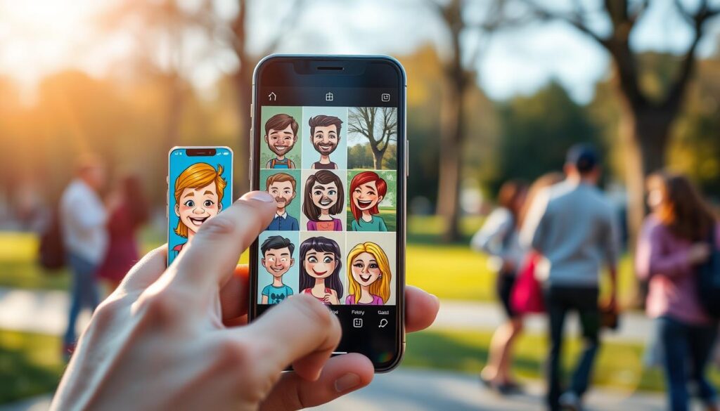 A vibrant and engaging smartphone display featuring various mobile applications designed to transform photos into cartoon caricatures. In the foreground, a hand interacts with the screen, tapping on a colorful app icon showcasing a cartoonized face. The middle layer includes a selection of animated preview images, displaying different styles of caricatures, emphasizing playful expressions and bright colors. The background features a softly blurred park scene, with people casually enjoying their day, hinting at the joy of creating fun images. The lighting is warm and inviting, reminiscent of a sunny afternoon, with a bokeh effect enhancing the cheerful atmosphere. The composition captures the essence of creativity and entertainment in modern mobile applications.