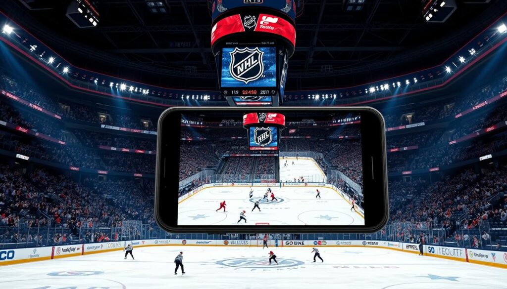 A vibrant, high-definition rendering of a hockey arena filled with energetic fans, showcasing the live action of an NHL game being streamed on a large, immersive mobile device in the foreground. The device's screen displays the dynamic gameplay, with players skating across the ice and the scoreboard prominently displayed. The arena is illuminated by bright, focused lighting that creates a sense of excitement and intensity, drawing the viewer's attention to the mobile device and the captivating hockey action it depicts. The scene conveys the thrill of having complete access to all NHL games, allowing the viewer to feel fully immersed in the live hockey experience.