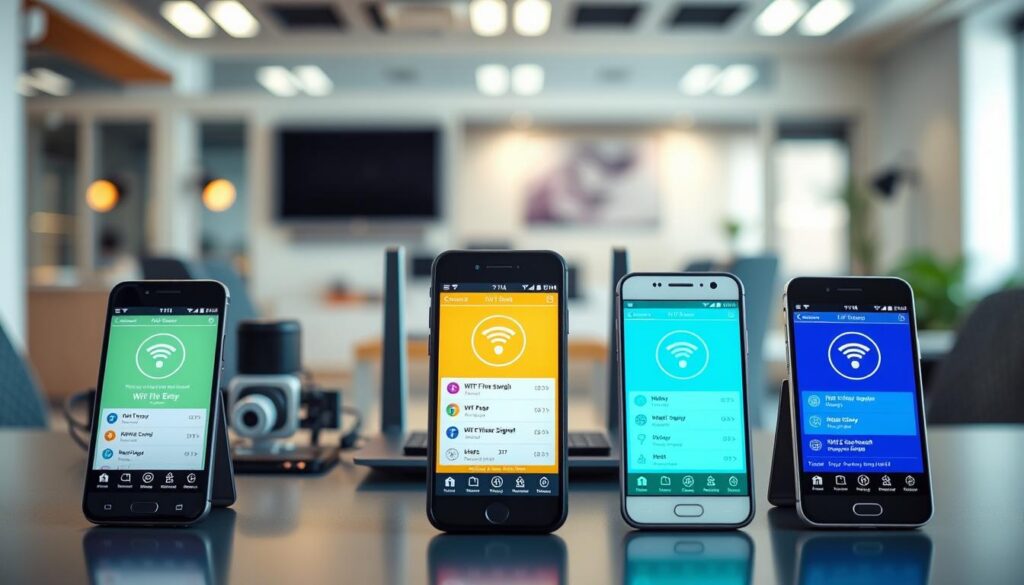 A visually engaging comparison of various WiFi applications displayed on multiple smartphone screens, arranged on a sleek, modern desk. In the foreground, three smartphones show vibrant app interfaces that highlight WiFi signal strength and connection options. The middle ground features an array of tech gadgets, like a router and laptop, suggesting a tech-savvy environment. The background is softly blurred, showcasing a contemporary office space with ambient lighting, creating a professional atmosphere. The overall mood is informative and tech-oriented, with a color palette of cool blues and greens to evoke a sense of technology and connectivity. The scene captures a sense of choice and analysis, ideal for readers looking to make an informed decision.