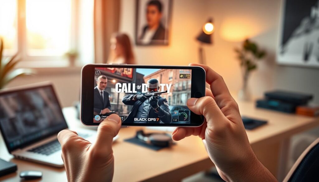 A visually engaging depiction of a mobile phone displaying the gameplay of Call of Duty: Black Ops 7, set in a clean and modern workspace. In the foreground, a sleek smartphone with a vivid game screen is held by a thoughtful user in professional casual attire, positioned towards the viewer. The middle ground features a laptop and gaming accessories like a headset, creating a tech-savvy atmosphere. In the background, soft-focus elements of a stylish room with natural lighting streaming through a window to enhance the ambiance, reflecting a serious yet inviting mood. The scene aims to illustrate considerations for downloading and using the app effectively, showcasing both technology and careful planning. The overall color palette is warm and inviting, promoting a sense of focus and engagement.