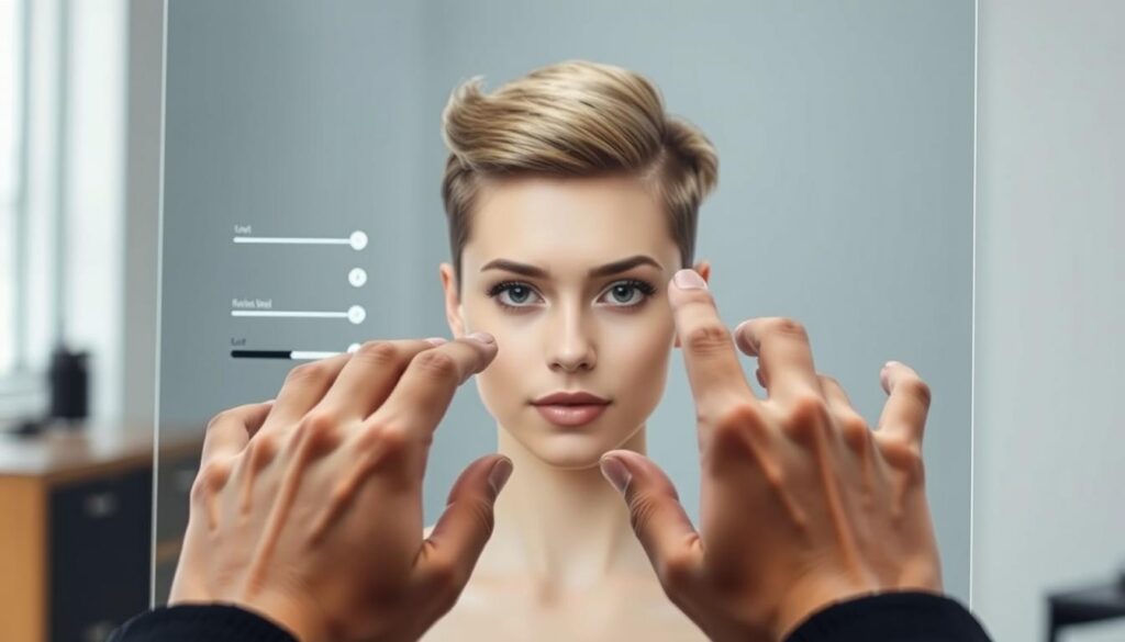 A well-lit, close-up shot of a person's hands navigating the user interface of an AI-powered hair styling tool. The foreground shows the hands deftly manipulating sliders and buttons to adjust the hairstyle in real-time. The middle ground features a model with a photorealistic, freshly styled haircut that complements their facial features. The background is blurred, placing the focus on the interaction between the user and the AI tool. The scene conveys a sense of effortless control and experimentation, with a clean, modern aesthetic that aligns with the article's subject matter.