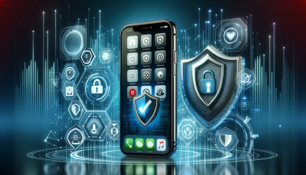 A modern smartphone displaying a sleek antivirus application on its screen, showcasing performance metrics like speed and security status. In the foreground, a close-up of the phone with colorful graphs and security shields illuminated by a soft, warm light. The background features a blurred, high-tech workspace with digital elements like floating icons of security features and performance indicators. A professional person in the background, dressed in smart casual attire, is interacting with a laptop, engrossed in the tech environment. The overall atmosphere is one of efficiency and protection, emphasizing cutting-edge technology in cybersecurity. The lighting is bright but not harsh, creating a sense of reliability and safety.