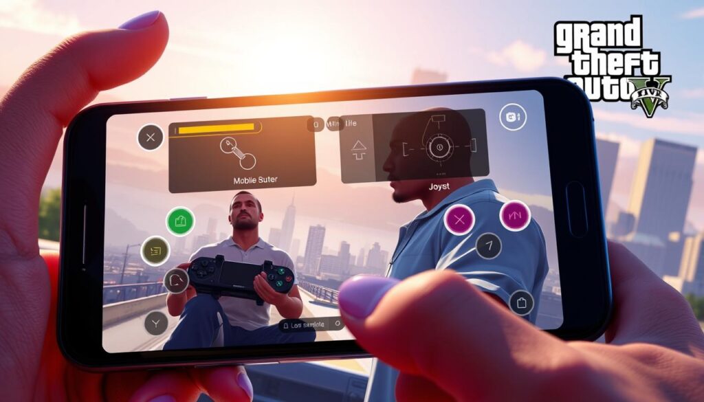 Create an image showcasing a detailed, vibrant representation of the mobile controls for GTA5. In the foreground, display an intuitive mobile device screen featuring colorful, interactive on-screen buttons and joystick overlays, all designed in a user-friendly style. The middle ground should include an artistic depiction of a character from the game engaging with the mobile interface, showcasing dynamic movement and excitement. In the background, illustrate a stylized version of Los Santos, capturing the essence of its iconic skyline under a bright, sunny sky, incorporating subtle hints of action to evoke a thrilling atmosphere. Use bright and engaging lighting to enhance the vivid colors and provide clarity to the mobile controls, while maintaining a wide-angle view to emphasize the immersive gaming experience.