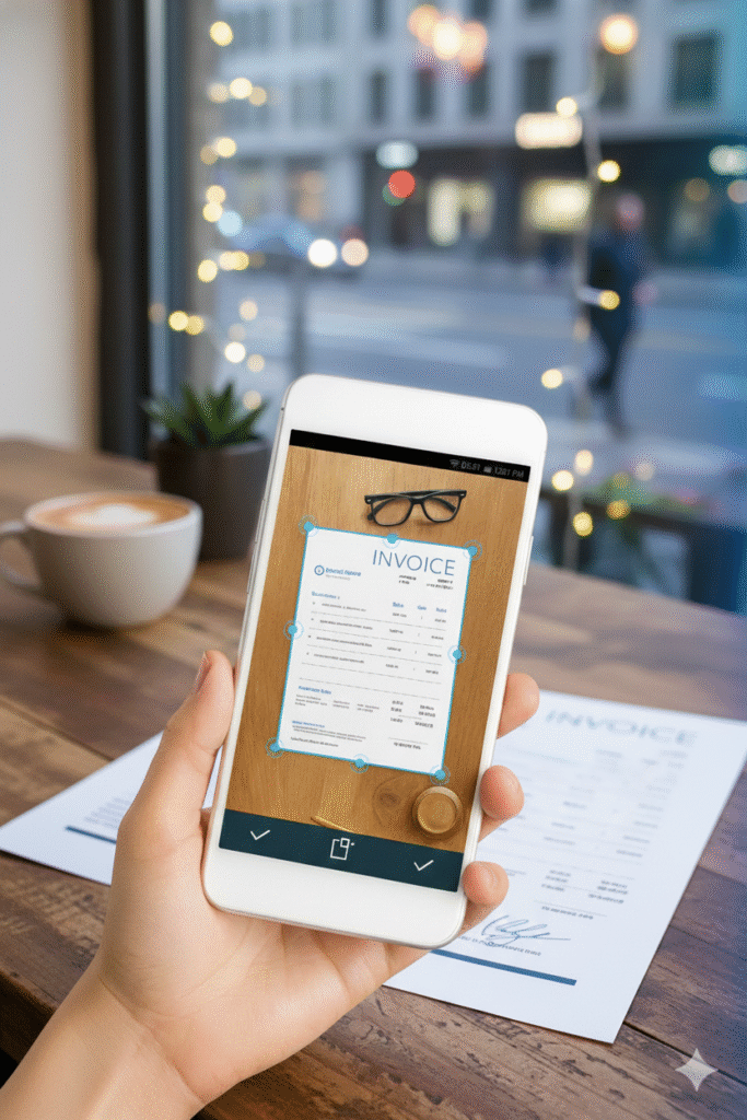 A sleek, modern Samsung smartphone displaying the native document scanning feature on its screen, capturing a set of paper documents arranged neatly on a wooden desk. The foreground features the phone held in a professional individual's hands, wearing smart casual attire, focused on the scanning process. The middle ground showcases a well-organized workspace with office supplies and a soft-focus potted plant adding a touch of greenery. The background is a softly lit room with light filtering through a window, creating a warm and inviting atmosphere. The scene is depicted with a slightly elevated angle to emphasize the phone's screen, highlighting the vibrant display and scanning interface, aiming for clarity and professionalism in the image.
