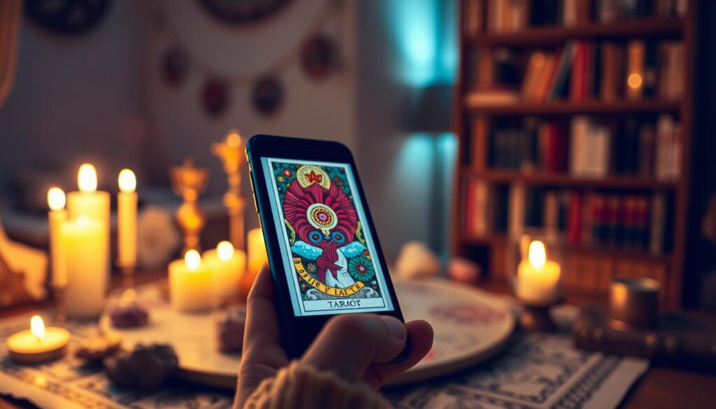 A beautifully designed smartphone screen displaying a tarot card application. In the foreground, close-up view of the phone showcasing colorful tarot card illustrations with vibrant details, representing guidance and introspection. The middle layer reveals a cozy, softly lit room with a tarot table adorned with candles and crystals, creating an inviting atmosphere. In the background, a softly blurred bookshelf filled with spiritual and mystical books, enhancing the theme of learning. The lighting is warm and inviting, suggesting a serene environment perfect for tarot readings. The mood is calm and focused, inspiring curiosity and insight into tarot practices.