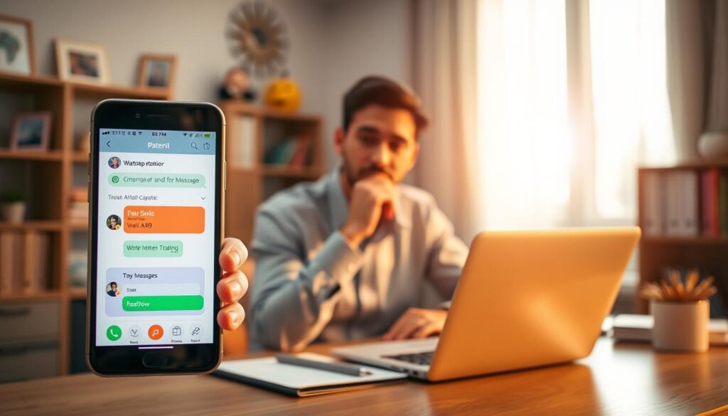 A detailed and visually engaging scene illustrating essential criteria for choosing the best parental monitoring app for WhatsApp messages. In the foreground, a modern smartphone displaying a colorful, user-friendly interface of a monitoring app. The middle ground features a thoughtful parent, dressed in business casual attire, analyzing the app on the phone while seated at a well-organized desk with a laptop and notepad. The background includes soft, warm lighting emanating from a nearby window, creating a calm and focused atmosphere. The room is decorated with family photos and educational materials, emphasizing a nurturing environment. Light reflections on the smartphone screen enhance the image, making it visually appealing and relevant to the topic of responsible digital parenting. A detailed and visually engaging scene illustrating essential criteria for choosing the best parental monitoring app for WhatsApp messages. In the foreground, a modern smartphone displaying a colorful, user-friendly interface of a monitoring app. The middle ground features a thoughtful parent, dressed in business casual attire, analyzing the app on the phone while seated at a well-organized desk with a laptop and notepad. The background includes soft, warm lighting emanating from a nearby window, creating a calm and focused atmosphere. The room is decorated with family photos and educational materials, emphasizing a nurturing environment. Light reflections on the smartphone screen enhance the image, making it visually appealing and relevant to the topic of responsible digital parenting.