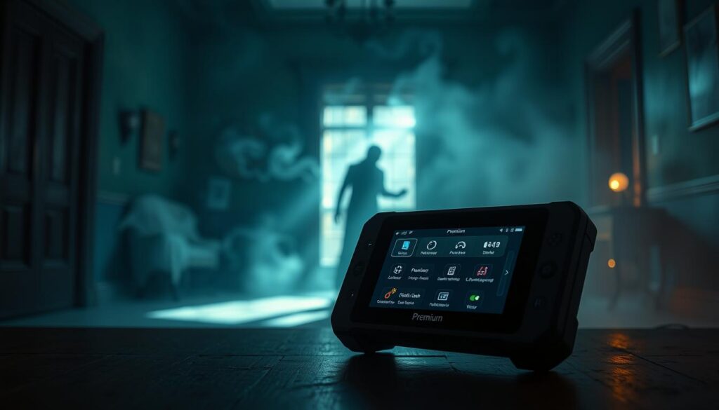 A high-tech ghost detection device prominently displayed in the foreground, featuring a sleek touchscreen interface with colorful premium options glowing subtly. The middle ground showcases an ambient setting, with shadows hinting at ghostly silhouettes and wisps of ethereal light swirling around. In the background, a dimly lit room painted in eerie shades of blue and green creates a mysterious atmosphere, enhanced by soft rays of light filtering through dusty corners. The scene is cinematic, with a slight focus blur on the edges, creating a sense of intrigue and suspense. The overall mood is suspenseful yet captivating, showcasing both the advanced technology and the supernatural elements at play. No people are present in the image, emphasizing the device and its features.