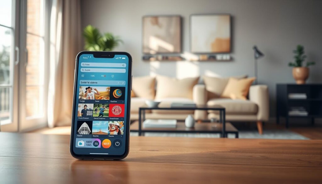 A modern mobile phone displaying a variety of specialized TV channels on its vibrant screen, set against a cozy living room backdrop. In the foreground, the phone is propped up on a stylish wooden table, showcasing colorful thumbnails of diverse content such as cooking, travel, science, and sports, each symbolizing a unique audience. The middle ground features a couple of soft, comfortable armchairs and a coffee table adorned with a few books related to the specialized channels depicted. In the background, a well-lit area with a plant and a subtle abstract painting adds depth. Natural sunlight pours in through a nearby window, creating a warm and inviting atmosphere. The composition is inviting and showcases the concept of access to varied, niche content through mobile technology.