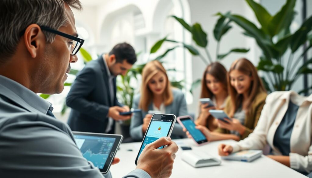 A modern telehealth scene depicting remote monitoring of blood pressure. In the foreground, a healthcare professional in business attire is attentively observing a digital display with real-time health data. The middle ground features a diverse group of patients, each interacting with their own devices—smartphones and tablets displaying blood pressure readings. The background shows a light-filled telehealth office environment, with sleek technology and green plants that evoke a sense of calm and well-being. The lighting is bright, emphasizing clarity and innovation. The overall atmosphere should convey accessibility, care, and the modern approach to healthcare through technology, emphasizing the integration of AI in health monitoring.