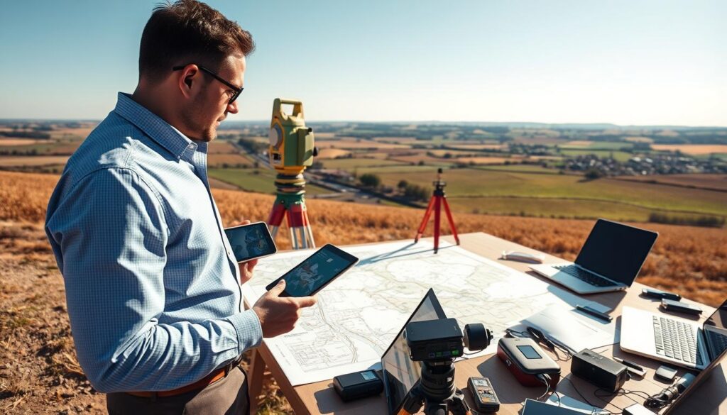 A professional landscape scene depicting the preparation for measuring land using artificial intelligence. In the foreground, a well-dressed surveyor is intently analyzing satellite images on a tablet, dressed in professional attire, showcasing modern technology. The middle layer features a large, detailed map spread out on a table, surrounded by equipment like a theodolite, GPS devices, and laptops. In the background, a vast expanse of farmland and rolling hills is visible, with a clear blue sky. The lighting is bright and natural, suggesting midday sun, creating a warm and inviting atmosphere. The angle is slightly elevated, offering a comprehensive view of both the surveyor and the landscape, emphasizing the integration of AI in land measurement.