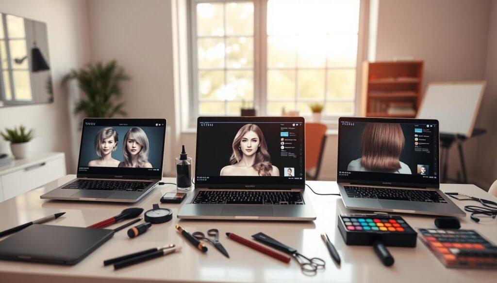 A professional workspace showcasing a comparison of hair simulation tools powered by AI. In the foreground, an elegant workstation displays three sleek laptops, each featuring different hair styling simulation interfaces on their screens, showcasing various hairstyles. The middle ground includes a well-organized desk with hair styling tools like brushes, scissors, and color palettes, enhancing the focus on the hair-related theme. In the background, a large window allows soft, natural light to illuminate the space, creating a warm and inviting atmosphere. A subtle bokeh effect blurs the background while keeping the workstation crisp in detail, with a wide-angle lens effect highlighting the arrangement. The mood is innovative and practical, ideal for professionals exploring cutting-edge hair technology.