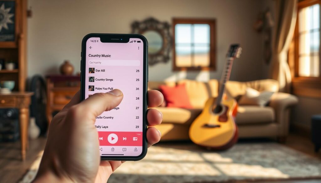 A vibrant smartphone displaying a country music app interface, prominently featuring a list of popular country songs. In the foreground, a hand reaches for the play button, illustrating user engagement. The middle ground captures a warm, inviting living room setting, complete with rustic wooden furniture and a acoustic guitar leaning against a wall. Light flows in from a nearby window, casting soft shadows and creating a cozy atmosphere. The background features a subtle hint of a rural landscape visible through the window, evoking a sense of country lifestyle. The overall mood is lively and joyful, highlighting a modern connection to classic country music. The image focuses on the app’s functionality while embodying the essence of country music culture.