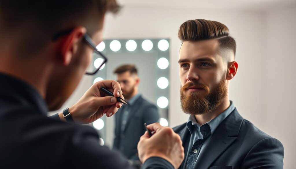 A well-lit photography studio setup focused on a professional man with a stylish haircut and well-groomed beard, demonstrating the nuances of hair styling techniques. In the foreground, a stylist is using high-quality tools, capturing the action of snipping hair with precision. The middle ground features a large mirror reflecting the subject's face, highlighting the importance of angles in achieving the perfect look. Behind them, soft, diffused lighting creates an inviting atmosphere, with a light backdrop that enhances the subject’s features. The shot is taken from a slightly elevated angle to add depth, showcasing both the techniques used and the final hairstyle. The overall mood is professional yet creative, emphasizing innovation in grooming.