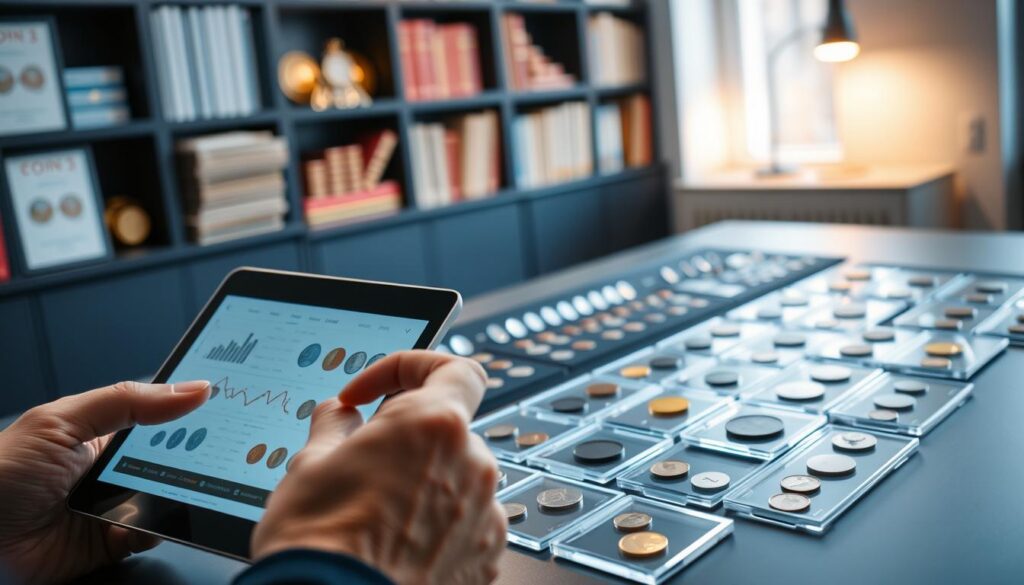 A well-organized digital workspace featuring a collection of rare coins displayed on a sleek table. In the foreground, a close-up of hands using a tablet app, analyzing the coin collection with charts and valuations visible on the screen. The middle layer includes neatly organized coin holders filled with various coins of different sizes and colors, showcasing their intricate designs and details. The background consists of soft focus shelves lined with coin-related books and a small light source illuminating the space, creating a warm and inviting atmosphere. The overall mood is focused and scholarly, ideal for collectors. Use natural lighting to enhance the textures, and a slightly elevated angle for a dynamic view of the scene.