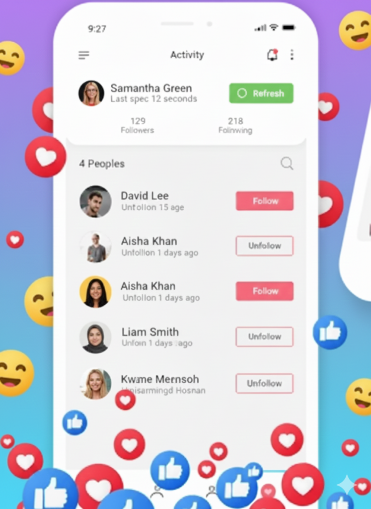 A digital workspace scene depicting a young professional analyzing a smartphone with a concerned expression. In the foreground, a close-up of the smartphone screen reveals an Instagram profile with an ominous, shadowy figure as the profile picture, suggesting a fake account. In the middle ground, the professional, dressed in smart-casual attire, is seated at a desk cluttered with papers and a laptop, illuminated by soft, warm lighting that creates an intimate atmosphere. The background features a wall with framed pictures and a plant, adding a homey touch. The overall mood conveys a sense of tension and vigilance, highlighting the seriousness of identifying online stalkers while maintaining a professional environment.