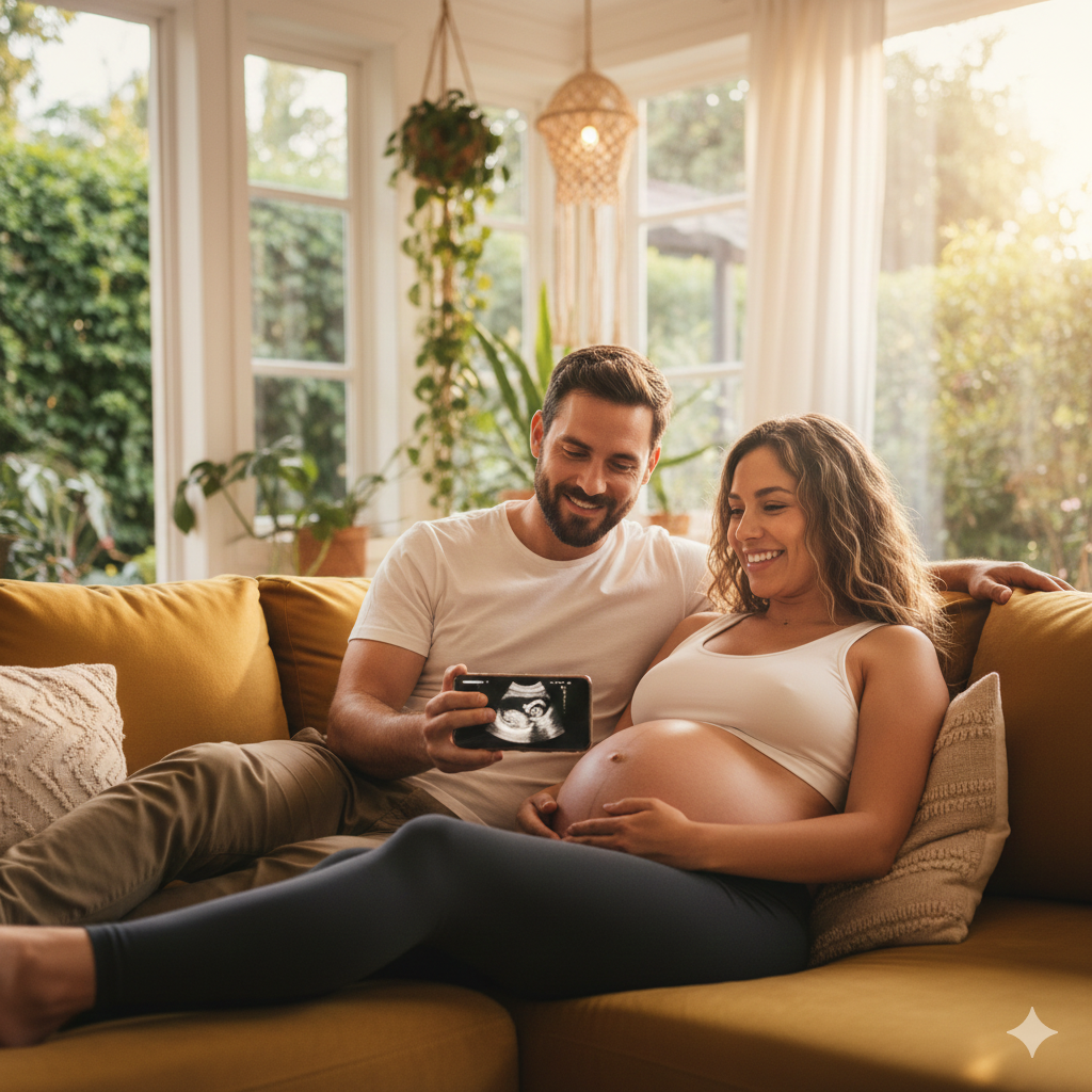 A modern smartphone displaying a vivid ultrasound image of a fetus on its screen. In the foreground, the phone is held by a hand, suggesting a user-friendly interface of a mobile ultrasound application. The middle layer features a softly glowing ultrasound machine to the side, emphasizing the blend of technology with personal experience. The background shows a warm, welcoming room with soft lighting, enhancing the comforting ambiance. The scene is captured from a slightly elevated angle, highlighting the contrast between the phone and ultrasound machine, while soft shadows add depth. The overall atmosphere is joyful and intimate, reflecting a moment of connection between a parent and their unborn child.