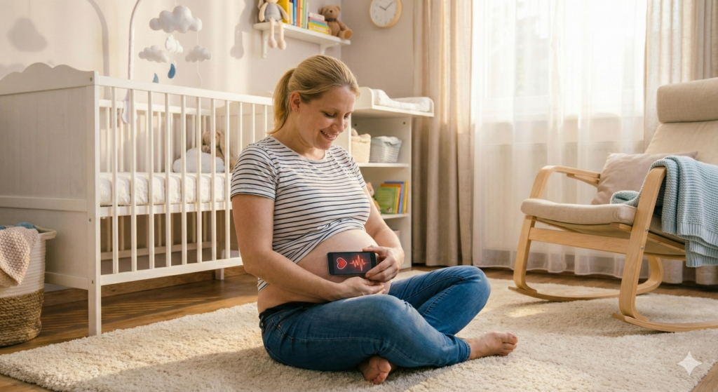 A visually engaging image showcasing data privacy and security within a mobile application context. In the foreground, depict a sleek smartphone displaying an application interface with a heart rate monitor, emphasizing secure data transfer with icons representing encryption and data protection. The middle ground should include a blurred figure of a parent, dressed in professional attire, looking thoughtfully at the phone, symbolizing trust and care. In the background, create a serene home setting, soft natural lighting filtering through a window, evoking a peaceful atmosphere. Capture a sense of technological advancement and protection, with clear lines and a cohesive color palette of blues and greens, reflecting safety and calmness in the digital realm.