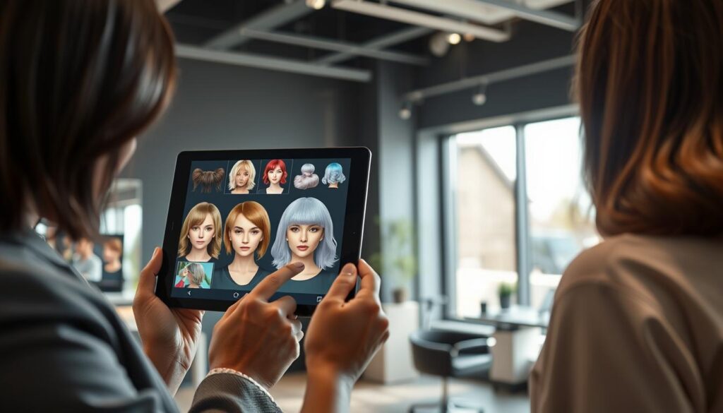 A close-up view of a modern digital hair salon environment, showcasing a professional stylist assisting a customer with a virtual hair simulation. In the foreground, the stylist, dressed in professional business attire, is using a tablet displaying a vibrant array of hair colors and contemporary haircut styles. The customer, in modest casual clothing, looks intrigued as they explore different options. In the middle ground, a stylish hair cutting station with professional tools is visible. The background shows bright, natural lighting filtering through large windows, creating a welcoming and innovative atmosphere. Emphasize the technological aspect, highlighting the blend of traditional salon elements with advanced digital interfaces, illustrating the theme of hair transformation using AI.