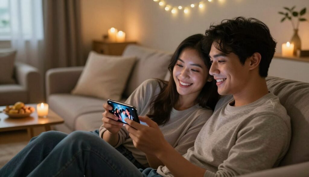 A cozy living room scene featuring a young couple sitting comfortably on a couch, engaging with a smartphone that displays a romantic movie. The foreground highlights their warm expressions, reflecting joy and connection. The middle background showcases a subtle, softly lit room with flickering candlelight, plush cushions, and a small coffee table with snacks, creating an inviting atmosphere. Gentle fairy lights twinkle overhead, adding to the romantic mood. The image should have a warm, soft focus, reminiscent of an intimate home theater experience. Natural lighting filters in from a nearby window, enhancing the serene ambiance. The overall feel should be warm and inviting, emphasizing the joy of watching romantic films together for free on a mobile device.