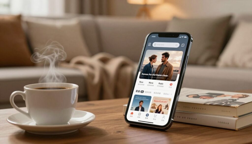 A modern smartphone with a sleek design sits on a wooden table, its screen glowing with an interface showcasing a popular romance movie app. In the foreground, a cozy setting includes a steaming cup of coffee and a small stack of romance novel books, evoking a warm and inviting atmosphere. In the middle ground, a soft blanket draped casually adds to the comfort of the scene. The background features a softly lit living room with a couch adorned with decorative pillows, creating a perfect space for watching movies. The lighting is warm and inviting, capturing a tranquil evening ambiance. The overall mood is relaxed and intimate, perfect for enjoying romantic films.