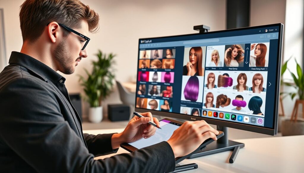 A vibrant digital workspace featuring a sleek, modern interface of the CapCut web application open on a large monitor. In the foreground, a focused user, dressed in smart casual attire, is using a stylus on a graphic tablet to edit photos with AI technology, reflecting the essence of hair color and style transformations. The middle ground includes an assortment of colorful hair swatches and images of hair transformations displayed on the screen. The background is a softly lit, minimalist office environment with potted plants and stylish furniture, creating a professional yet inviting atmosphere. The lighting is bright but warm, enhancing the technological feel, while a slight overhead angle captures the user’s engagement with the interface. A vibrant digital workspace featuring a sleek, modern interface of the CapCut web application open on a large monitor. In the foreground, a focused user, dressed in smart casual attire, is using a stylus on a graphic tablet to edit photos with AI technology, reflecting the essence of hair color and style transformations. The middle ground includes an assortment of colorful hair swatches and images of hair transformations displayed on the screen. The background is a softly lit, minimalist office environment with potted plants and stylish furniture, creating a professional yet inviting atmosphere. The lighting is bright but warm, enhancing the technological feel, while a slight overhead angle captures the user’s engagement with the interface.