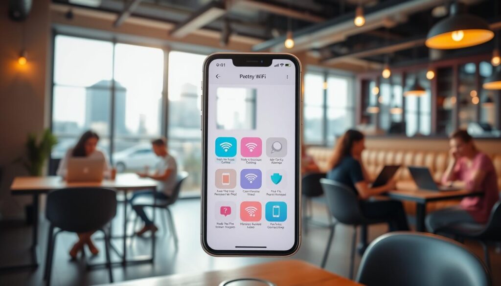 A vibrant digital workspace showcasing a smartphone in the foreground with a user-friendly Wi-Fi identification app interface displayed. The phone screen features various icons representing the best free Wi-Fi apps for Android and iOS. In the middle ground, a stylish, modern coffee shop setting with patrons working on laptops, creating a sense of connectivity and collaboration. Bright, warm lighting enhances the cozy atmosphere, while large windows in the background let in natural light. A subtle cityscape can be seen through the windows, hinting at urban exploration. The overall mood is inviting and tech-savvy, reflecting innovation in connectivity. A vibrant digital workspace showcasing a smartphone in the foreground with a user-friendly Wi-Fi identification app interface displayed. The phone screen features various icons representing the best free Wi-Fi apps for Android and iOS. In the middle ground, a stylish, modern coffee shop setting with patrons working on laptops, creating a sense of connectivity and collaboration. Bright, warm lighting enhances the cozy atmosphere, while large windows in the background let in natural light. A subtle cityscape can be seen through the windows, hinting at urban exploration. The overall mood is inviting and tech-savvy, reflecting innovation in connectivity.