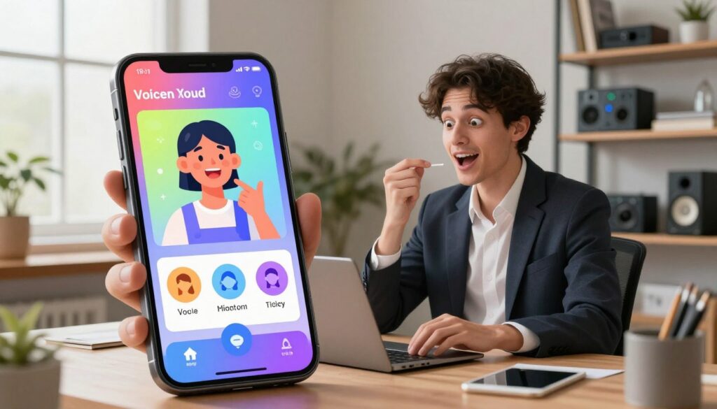 A visually engaging illustration of voice-changing apps in a modern setting. In the foreground, a smartphone displays a vibrant interface showcasing various voice modulation options, with colorful icons representing different voice effects. In the middle ground, a person dressed in professional business attire is sitting at a stylish workspace, happily experimenting with the app, their expression reflecting curiosity and excitement. The background features a cozy home office environment, including a bookshelf filled with tech gadgets and sound equipment, softly lit by natural light coming through a nearby window. The overall mood is innovative and inviting, creating a sense of discovery and transformation in technology. A visually engaging illustration of voice-changing apps in a modern setting. In the foreground, a smartphone displays a vibrant interface showcasing various voice modulation options, with colorful icons representing different voice effects. In the middle ground, a person dressed in professional business attire is sitting at a stylish workspace, happily experimenting with the app, their expression reflecting curiosity and excitement. The background features a cozy home office environment, including a bookshelf filled with tech gadgets and sound equipment, softly lit by natural light coming through a nearby window. The overall mood is innovative and inviting, creating a sense of discovery and transformation in technology.