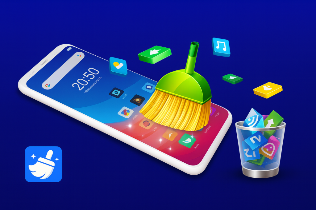 A vibrant and modern illustration of smartphone applications designed for optimizing mobile performance and speed. In the foreground, a sleek smartphone displays an open app interface, showcasing colorful icons representing various optimization features like battery saving, storage cleaning, and system boost. In the middle ground, a professional-looking person in modest casual clothing navigates the phone, looking pleased with the improvements. The background features blurred, abstract technology-themed elements like circuit patterns or digital clouds, creating a dynamic and futuristic atmosphere. Soft, diffused lighting enhances the focus on the smartphone, with a slight depth of field effect to draw attention to the app interface. The overall mood should be energetic and uplifting, emphasizing efficiency and performance enhancement.