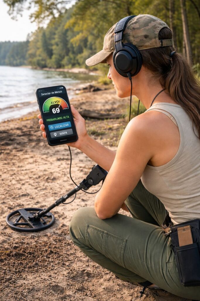 A modern metal detection technology scene set in a lush, green landscape. In the foreground, a sleek, high-tech metal detector with digital display and advanced sensors rests in the hands of a person dressed in professional outdoor attire, focused on the ground. The middle ground features a treasure-hunting enthusiast digging in the soil, revealing shimmering gold coins and jewelry. The background showcases a bright blue sky with a few fluffy clouds and distant wooded hills, enhancing the adventure atmosphere. The scene is illuminated by warm sunlight, creating a vibrant and hopeful mood. The camera angle is slightly elevated, offering a detailed view of both the technology and the treasure, emphasizing the intersection of innovation and discovery.