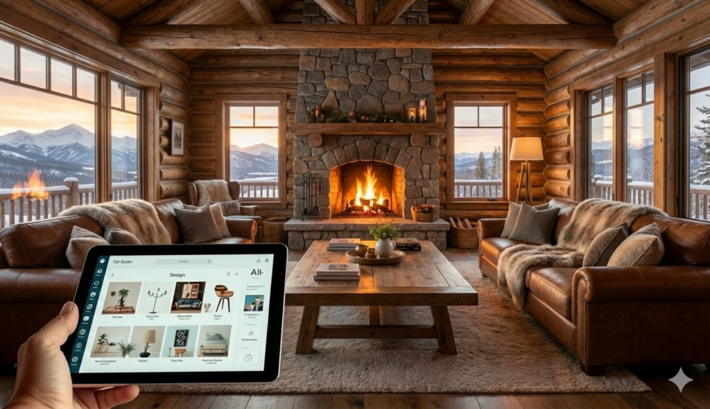 A modern, stylish interior design workspace showcasing a step-by-step process of using artificial intelligence in home design. In the foreground, a professional designer, dressed in smart casual attire, interacts with a large touchscreen displaying 3D models of various room layouts. In the middle ground, a variety of technology and design tools, such as tablets, sketches, and AI software interfaces, are arranged neatly on the desk, symbolizing innovation. In the background, a beautifully designed room is partially revealed, exhibiting a blend of modern and cozy aesthetics with natural lighting pouring in through large windows. The atmosphere is bright and inspiring, with a sense of creativity and collaboration in the air. Use a soft focus on the background to emphasize the designer's engagement with the AI tools.