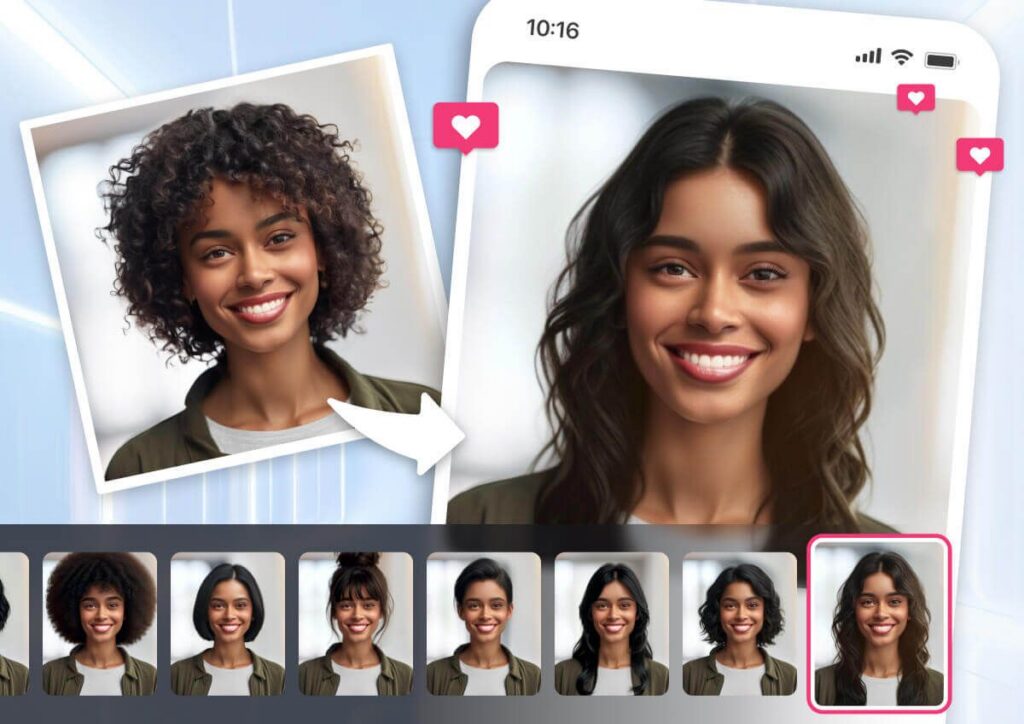 A modern hair salon scene featuring a high-tech simulation interface on a large screen displaying various haircuts. In the foreground, a moderately diverse group of people, including a middle-aged woman and a young man, dressed in casual yet stylish clothing, are engaging with the digital simulator. Their expressions reflect excitement and curiosity. The background shows a sleek, contemporary salon with bright, inviting lighting, large mirrors, and a variety of hair products displayed on shelves. The atmosphere is vibrant, emphasizing innovation and transformation. A soft-focus lens captures the dynamic interaction with the AI technology, enhancing the futuristic feel of the scene.