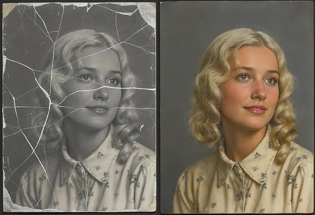 A workspace filled with creative tools for photo animation, featuring a computer with advanced editing software open, showcasing an animated old photograph of a vintage family portrait. In the foreground, a professional with glasses, dressed in smart casual attire, is seen focused on the screen, using a stylus on a graphics tablet. In the middle, elements like color palettes, animated frames, and light settings are visible, illustrating the steps of transforming static images into dynamic videos. The background includes shelves filled with photography books and past projects, while soft ambient lighting casts a warm glow over the scene, creating an inspirational and professional atmosphere, perfect for encouraging creativity in photo restoration.