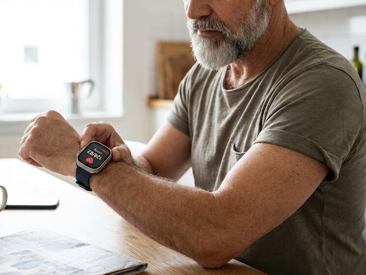 A specialized cardiac health device, designed in a sleek, modern style, featuring a digital display showcasing a heart rate monitor and blood pressure readings. In the foreground, the device is placed on a wooden table, with a soft fabric background blurred out. The middle ground captures a professional individual, dressed in smart casual clothing, attentively examining the device. Natural daylight floods the scene, creating a warm and inviting atmosphere, highlighting the device's advanced technology through reflections on its surface. The angle is a slight top-down view, emphasizing both the device and the individual without distraction. The overall mood conveys professionalism, trust, and innovation in cardiac health monitoring.