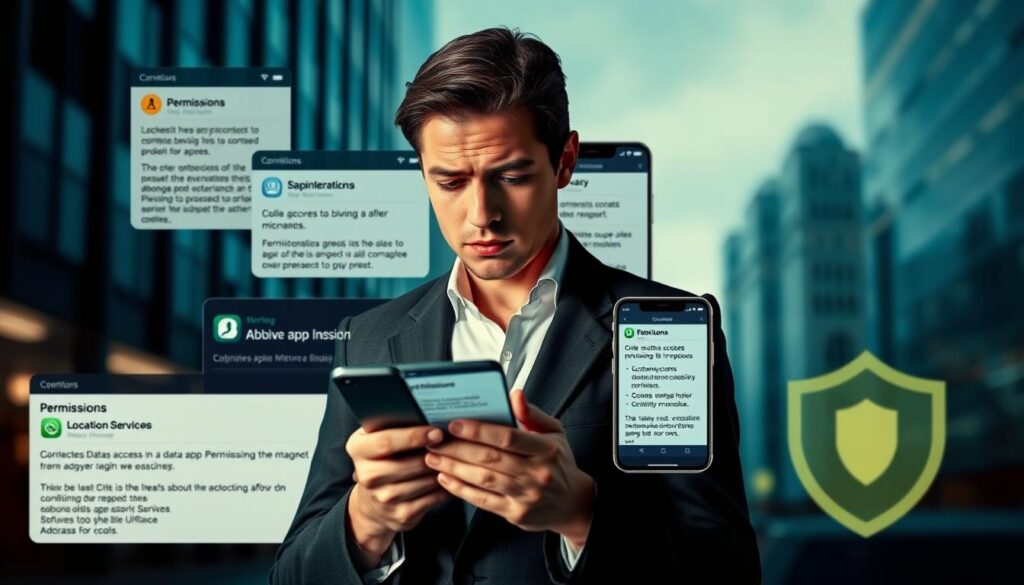 A collage of real-life scenarios illustrating abusive app permissions. In the foreground, a concerned individual, dressed in professional business attire, stands with a smartphone displaying various app icons, highlighting permissions requests. The middle ground features overlapping screens showing examples of excessive permissions, like access to contacts, microphone, and location services, which are visually exaggerated to depict their intrusive nature. The background includes a blurred urban landscape with digital elements like warning signs or shields symbolizing data privacy. The lighting is soft yet dramatic, casting shadows that suggest unease, while a cool color palette of blues and grays enhances the serious tone of the image, evoking a sense of caution and urgency regarding app privacy issues.