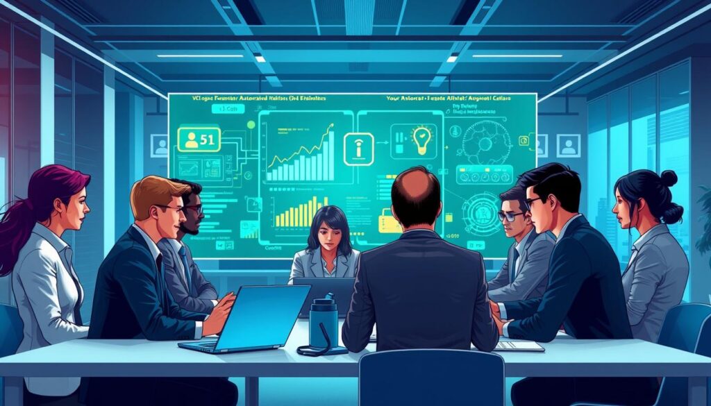 A digital illustration depicting the fundamentals of cybersecurity for beginners. In the foreground, a diverse group of professionals in business attire, engaged in a collaborative discussion around a table, surrounded by laptops and cybersecurity tools. In the middle ground, a large digital screen displays graphs, firewall interfaces, and AI algorithms symbolizing automated cyber attacks. The background features a modern office environment with sleek design elements, glowing with blue and green lighting, reflecting a tech-savvy atmosphere. The overall mood should convey a sense of urgency and focus on cybersecurity education. Use a slightly angled perspective to emphasize the interaction among the individuals and the technology.
