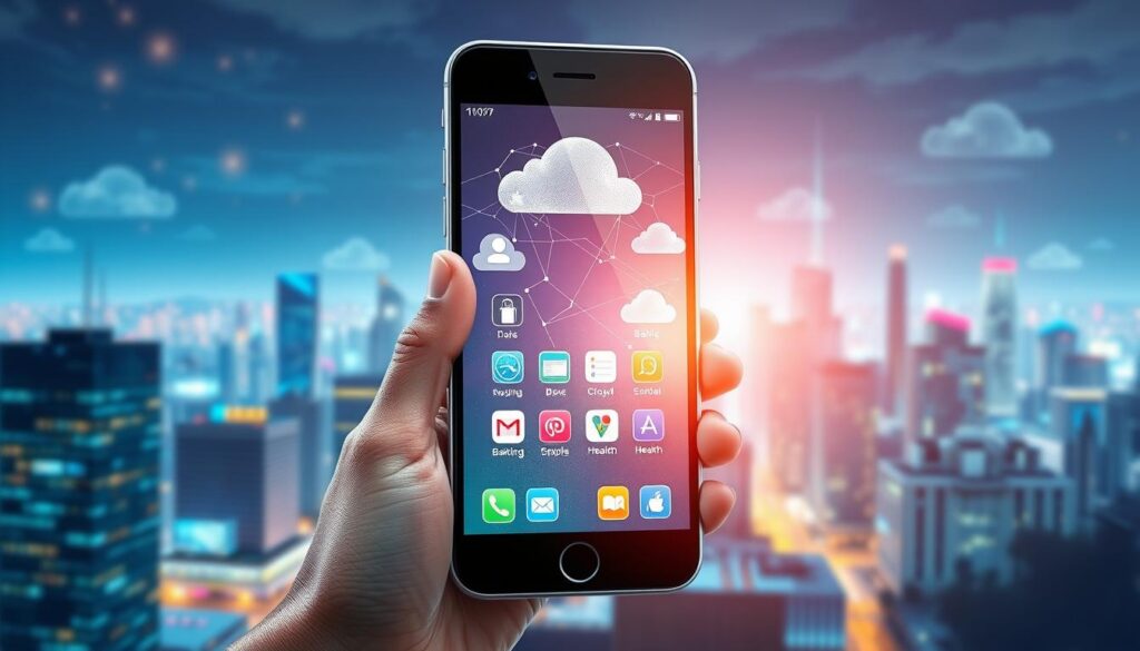 A digital illustration that captures the concept of superapps and mobile applications. In the foreground, depict a sleek smartphone displaying various app icons representing communication, banking, shopping, and health. The middle layer should feature an abstract representation of interconnected clouds and data streams, symbolizing network connectivity and integration. In the background, a vibrant cityscape with modern architecture reflects technological advancement, enhancing the innovative atmosphere. Lighting should be bright and engaging, suggesting a sense of productivity and efficiency. Use a slightly elevated angle to emphasize the smartphone while creating depth in the scene. The mood is dynamic and forward-thinking, illustrating the evolution of mobile technology.