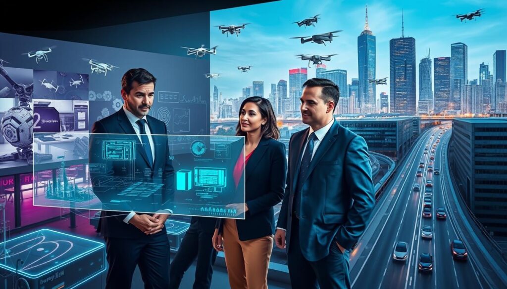 A dynamic and informative scene showcasing various real-world applications of Physics AI. In the foreground, a diverse group of three professionals in business attire discuss together over a holographic display showing algorithms and data analysis. In the middle ground, a laboratory setting features advanced robotics, autonomous drones, and AI-assisted imaging technology being tested. The background reveals a smart city skyline with drones flying and autonomous vehicles moving along roads. The lighting should be bright and focused, emphasizing the technology, while soft ambient light creates an innovative atmosphere. Capture the sense of collaboration, progress, and the fusion of artificial intelligence with daily life, with a focus on the transformative potential of Physics AI.