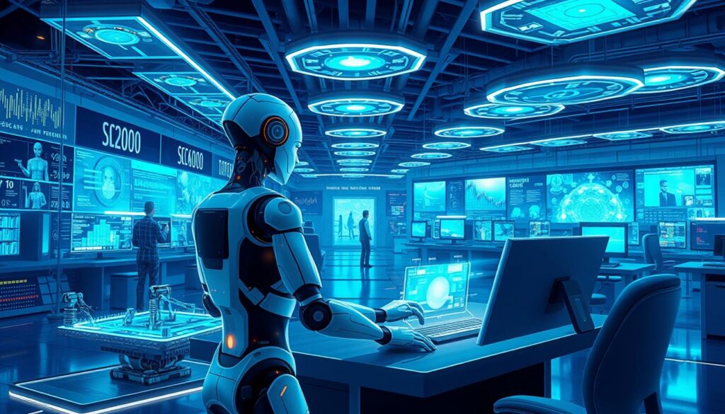 A dynamic illustration showcasing the functioning and teamwork of artificial intelligence agents. In the foreground, two humanoid AI entities are collaborating at a sleek, futuristic workstation, surrounded by glowing holographic interfaces displaying complex data and problem-solving algorithms. In the middle ground, additional AI agents can be seen interacting with diverse digital environments, simulating teamwork in various scenarios, such as robotics, data analysis, and virtual environments. The background features an expansive, high-tech facility filled with screens and digital interactions, bathed in cool blue and green lighting that conveys a sense of advanced technology. The overall mood should be collaborative and innovative, highlighting the synergy among AI agents in a professional atmosphere.