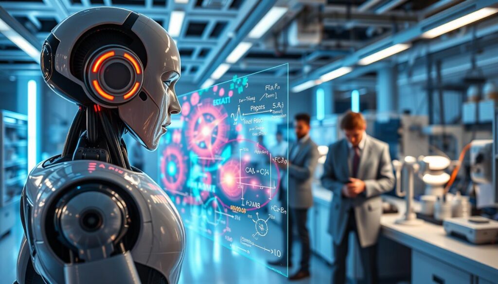 A dynamic scene showcasing "Innovations and Applications of AI in Physics." In the foreground, a humanoid robot with sleek, sophisticated design interacts with an advanced holographic display, illustrating complex physics concepts and equations in vibrant colors. The middle ground features researchers in professional attire engaging with cutting-edge technology, such as AI-driven simulations and virtual reality tools for physics experimentation. The background depicts a futuristic laboratory filled with high-tech equipment, illuminated by soft blue and white lighting, creating a high-tech ambiance. The atmosphere is one of collaboration and innovation, emphasizing the transformative potential of AI in the field of physics. The camera angle is slightly elevated, showing the robot and researchers from a side view, adding depth to the scene.