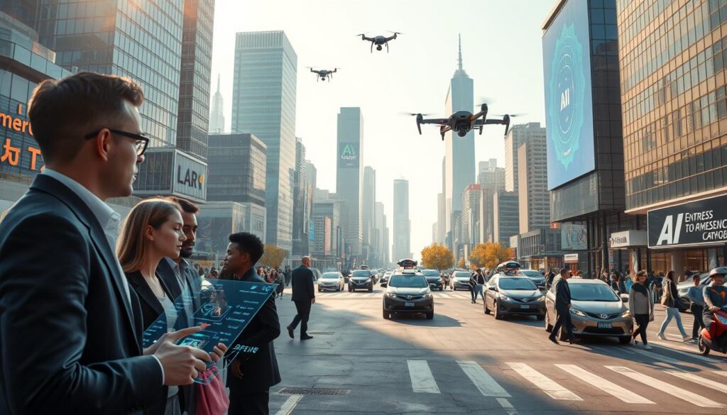 A futuristic cityscape illustrating the impact of artificial intelligence on society. In the foreground, a diverse group of professionals in business attire engages with advanced AI technologies; one person interacts with a holographic interface, while another observes data streams. The middle ground features autonomous vehicles navigating smoothly among pedestrians, showcasing a harmonious blend of technology and daily life. In the background, sleek skyscrapers adorned with digital screens display AI-driven advertisements, while drones hover in the sky. The scene is bathed in soft, ambient sunlight, creating a hopeful and progressive atmosphere. The camera angle is slightly elevated, offering a panoramic view that captures the vibrancy and integration of AI into urban life.