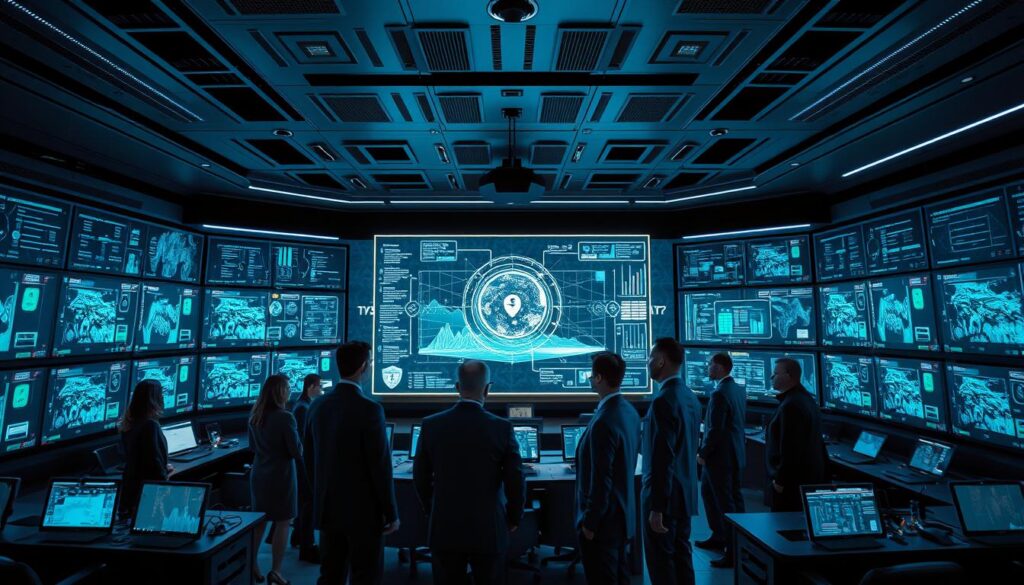 A futuristic cybersecurity command center filled with advanced technology and screens displaying data visualizations. In the foreground, a diverse group of professionals in smart business attire collaborates, analyzing a holographic display showing a digital defense system against AI-generated attacks. The middle ground features complex monitors filled with graphical representations of threat landscapes and security protocols. The background showcases a sleek, modern design with ambient lighting that suggests urgency and focus, casting blue and green hues across the room. The mood is intense yet focused, underscoring the importance of defense strategies in a high-stakes digital landscape. The camera angle is slightly elevated, capturing the teamwork and high-tech environment effectively.