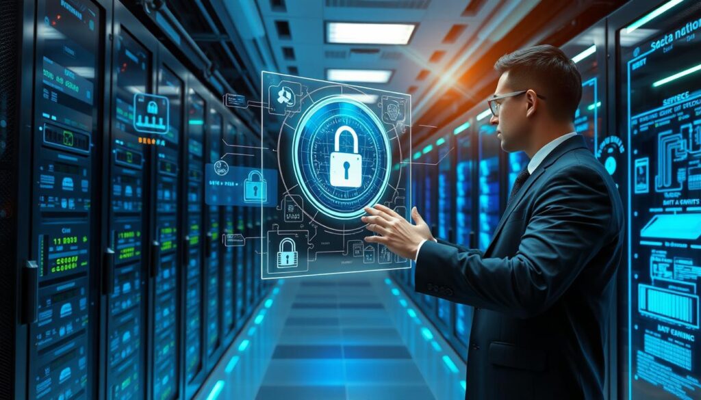 A futuristic data center environment focused on data protection during processing. In the foreground, a professional in business attire is interacting with a holographic interface displaying intricate data flows and encryption algorithms. The middle ground features rows of glowing servers with visible security features, such as biometric scanners and firewalls. The background includes a digital wall with visualizations of secure data transmission. Soft blue and green lighting enhances a tech-savvy atmosphere, while beams of light highlight key elements. The entire scene conveys a sense of security, innovation, and professionalism, emphasizing the importance of protecting data even during active processing.