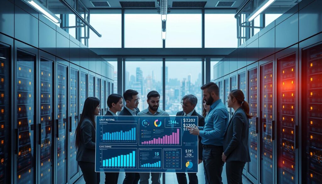 A futuristic data center interior showcasing advanced cloud infrastructure optimization strategies. In the foreground, a diverse group of professionals in professional business attire collaborate around a large digital display, analyzing data metrics and cost-saving charts. The middle layer features rows of sleek, modern server racks with glowing LED indicators, symbolizing advanced computing technology. In the background, large windows reveal a cityscape bathed in soft, ambient lighting, suggesting innovation and progress. The atmosphere is one of focus and collaboration, highlighted by dynamic lighting that emphasizes the interplay between technology and teamwork. The scene captures the essence of optimization and efficiency in cloud-based systems without any text or distractions.