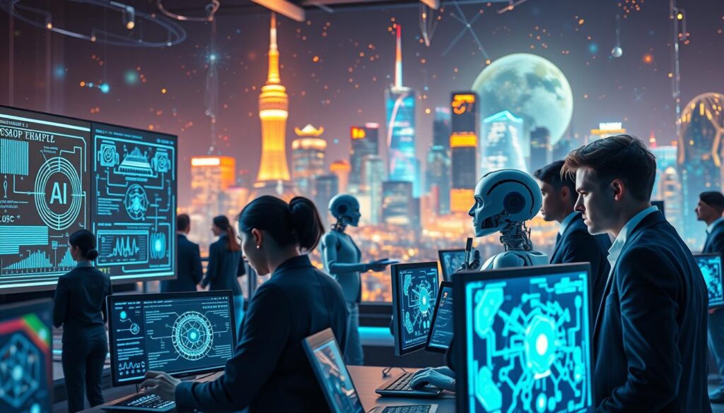 A futuristic depiction of the revolution in deep learning and generative AI, featuring a vibrant and dynamic tech landscape. In the foreground, a diverse group of professionals in business attire, focused on advanced computer screens displaying complex algorithms and neural network diagrams. In the middle ground, robotic models are creating art and music, symbolizing generative AI's creative capabilities. The background showcases an abstract city skyline blending elements of technology and nature, illuminated by warm, futuristic lighting, creating a hopeful and invigorating atmosphere. Use a wide-angle lens to capture the scene with depth and clarity, emphasizing the interconnectedness of technology and innovation. The overall mood is one of excitement, progress, and collaboration. A futuristic depiction of the revolution in deep learning and generative AI, featuring a vibrant and dynamic tech landscape. In the foreground, a diverse group of professionals in business attire, focused on advanced computer screens displaying complex algorithms and neural network diagrams. In the middle ground, robotic models are creating art and music, symbolizing generative AI's creative capabilities. The background showcases an abstract city skyline blending elements of technology and nature, illuminated by warm, futuristic lighting, creating a hopeful and invigorating atmosphere. Use a wide-angle lens to capture the scene with depth and clarity, emphasizing the interconnectedness of technology and innovation. The overall mood is one of excitement, progress, and collaboration.