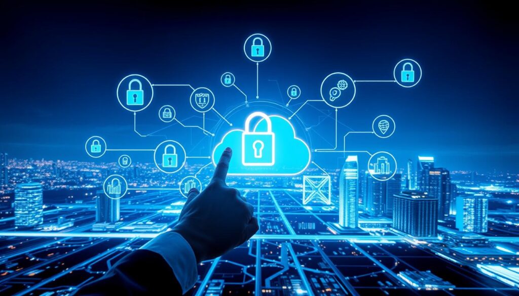 A futuristic digital landscape illustrating "Data Protection and Information Security". In the foreground, a professional business person in business attire is interacting with a holographic interface, displaying various security icons like locks, shields, and data streams. The middle ground features a digital cloud infrastructure, interconnected nodes, and data flowing securely. In the background, a city skyline symbolizes a thriving tech atmosphere, with glowing buildings suggesting innovation and security. The lighting is bright and dynamic, with a blue color palette dominating to evoke a sense of trust and technology. Aim for a high-angle view to capture the vastness of the digital environment, creating an atmosphere of vigilance and modernity.