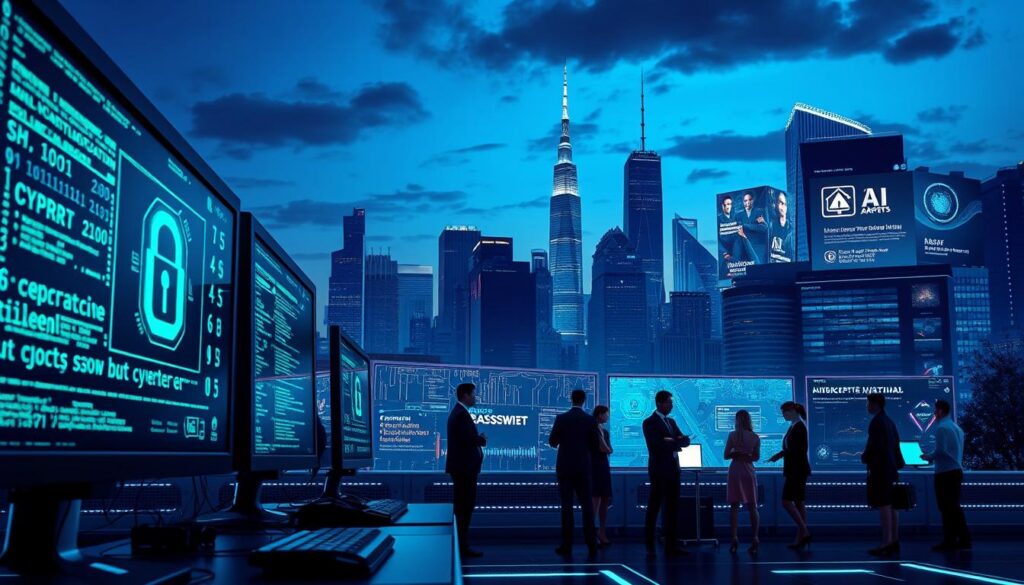 A futuristic digital landscape illustrating the intersection of cybersecurity and artificial intelligence. In the foreground, a high-tech computer hacker workspace with glowing screens displaying complex algorithms and passkeys. In the middle ground, a diverse group of professionals in business attire collaborating, analyzing data, and discussing cybersecurity strategies. The background depicts a city skyline at dusk, illuminated by digital billboards showcasing advancements in AI technologies. Soft blue and green lighting creates a sleek, modern atmosphere, conveying a sense of innovation and urgency. The scene is framed with a wide-angle perspective to capture the dynamic environment and emphasize the importance of AI in shaping future cybersecurity trends.