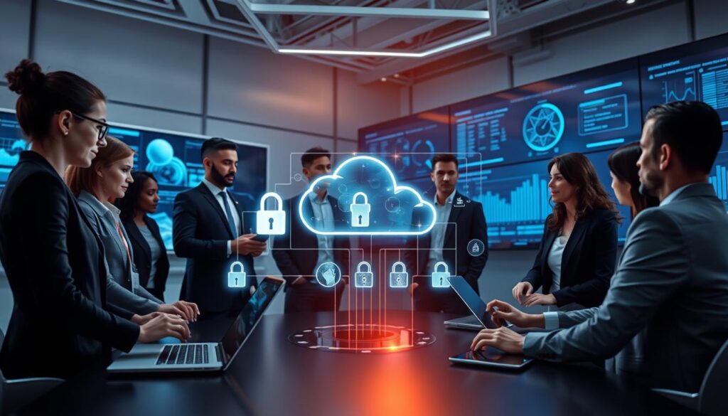 A futuristic digital workspace focused on cloud security solutions. In the foreground, a diverse group of professionals in business attire is engaged in a collaborative discussion around a holographic interface displaying visualizations of data protection strategies. The middle ground features sleek, modern technology devices like laptops and smartphones, with digital locks and cloud icons glowing subtly. In the background, large screens showcase sophisticated cybersecurity analytics and graphs. The lighting is bright and focused, highlighting the importance of transparency in digital security. The atmosphere is one of innovation and vigilance, emphasizing the urgency and relevance of protecting against digital threats such as deepfakes. The image captures a blend of technology and teamwork in a safe, secure environment. A futuristic digital workspace focused on cloud security solutions. In the foreground, a diverse group of professionals in business attire is engaged in a collaborative discussion around a holographic interface displaying visualizations of data protection strategies. The middle ground features sleek, modern technology devices like laptops and smartphones, with digital locks and cloud icons glowing subtly. In the background, large screens showcase sophisticated cybersecurity analytics and graphs. The lighting is bright and focused, highlighting the importance of transparency in digital security. The atmosphere is one of innovation and vigilance, emphasizing the urgency and relevance of protecting against digital threats such as deepfakes. The image captures a blend of technology and teamwork in a safe, secure environment.